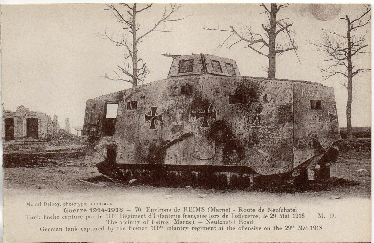 Blanch6144's tweet photo. Captured German A7V - ‘Nixe II’ knocked out on 31 May 1918 (not 28 May as stated) near Pierquin Ferme, just tothe north of Reims. photograph by Marcel Delboy. https://t.co/bgyvAiTazH