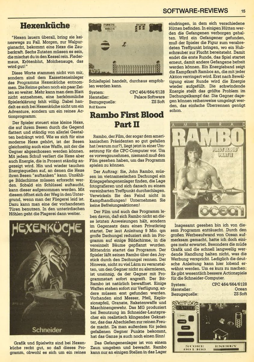 Retrojournal_de's tweet photo. 1986 im CPC Magazin

🔮Hexenküche wird als solides Actionspiel empfohlen.

💪Rambo: First Blood Part II kommt deutlich schlechter weg. Das Fazit: viel Werbung, aber müde Grafik und schnell langweilige Handlung.

Nicht jeder große Filmname bedeutete automatisch ein gutes Spiel. 😉 https://t.co/tigsRl1ysS