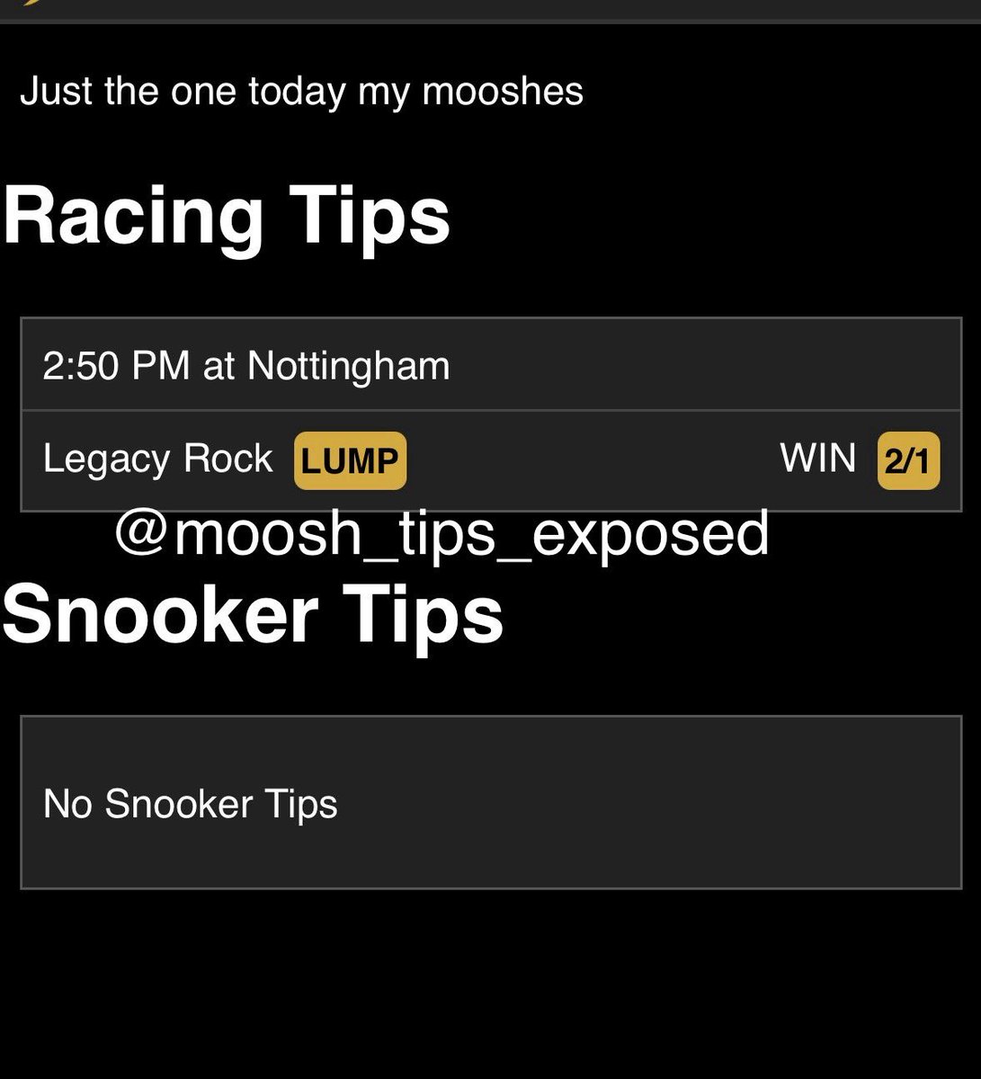 mooshtipsbeware's tweet photo. No word on yesterday disaster just a fake price for today’s lump that’s won its last 2, inspired tipping https://t.co/KAuwYdSAXy