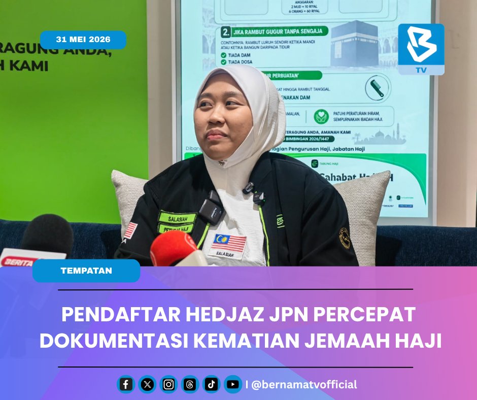 BernamaTV's tweet photo. Jabatan Pendaftaran Negara (JPN) menempatkan pegawai khas "Pendaftar Hedjaz" di Tanah Suci bagi memastikan dokumentasi rasmi jemaah haji Malaysia, terutama urusan pendaftaran kematian dapat diselesaikan dengan cepat dan teratur. https://t.co/ddYq6s13iu