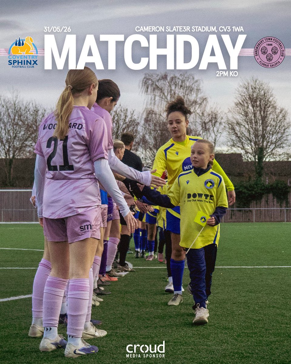 shrewswomen's tweet photo. The final matchday of the 2025/26 season ⚡️

We travel to Coventry Sphinx this afternoon for our final fixture of the campaign as we look to finish the season on a high.

Get behind the ladies one last time this season!

🕑 2PM KO
🏟️ Cameron Slater Stadium, CV3 1WA
🎟️ Tickets available on the gate

🔷🔶 #salop