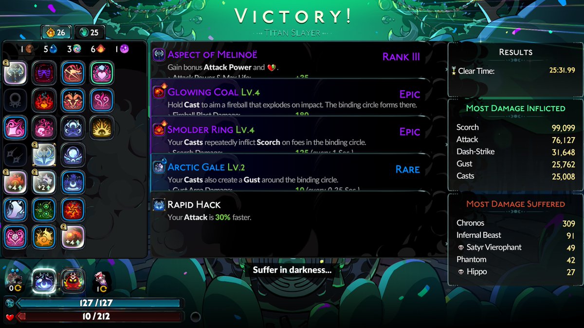 charizeard's tweet photo. beat chronos for the first time in Hades 2, which is a definitely better record than however many tries it took me to defeat Hades in the first gmae 🤩 any time i can get cast + scorch in my build is going to be a good run https://t.co/C7NRjwAXpv