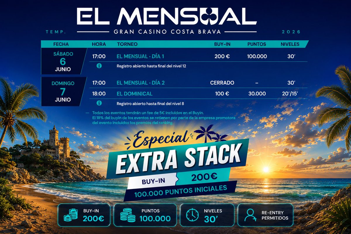 LAROUSH_Events's tweet photo. Este junio llega con más fichas, más juego y sabor a verano en la Costa Brava.

El Mensual Poker Club @GranCasinoCB presenta una edición especial EXTRA STACK 🏝️ con 100.000 puntos iniciales para disfrutar del póker con más profundidad desde la primera mano.

📅 6 y 7 de junio https://t.co/gqpx4JN9nh