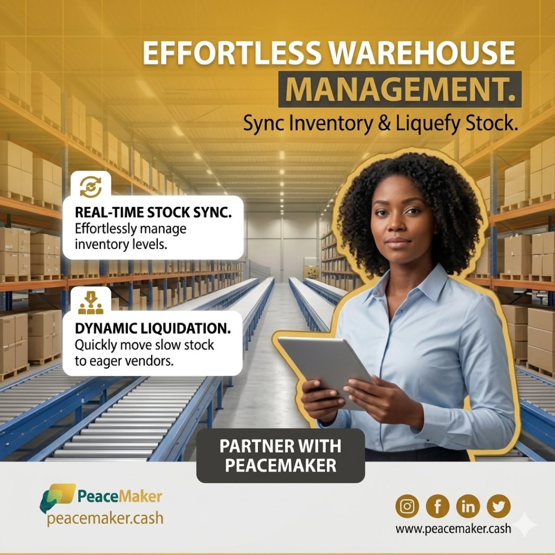 PeaceMakerCash's tweet photo. Warehouse stock should not sit idle. Sync inventory, open it to motivated vendors, and move slow stock through Peacemaker checkout links with clearer payment tracking.

Partner with Peacemaker and activate your inventory: https://t.co/Tcd15Avlwv