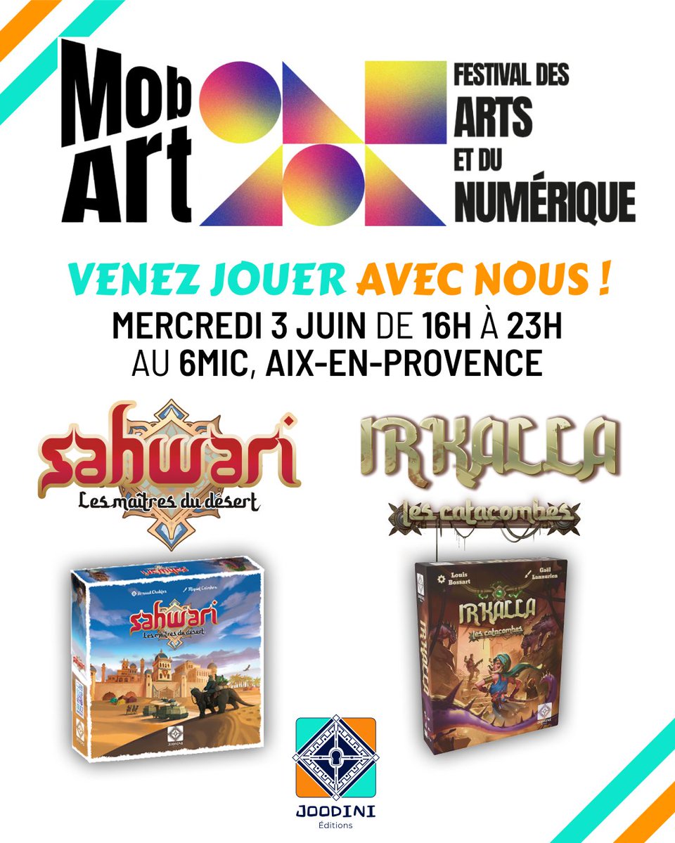 JOODINI_Edition's tweet photo. Joodini Éditions sera au Festival MobArt Aix le 3 juin !
Venez découvrir nos jeux de société, dont Irkalla, notre prochaine sortie en préparation.
🎮 Démonstrations, échanges et découvertes ludiques au programme !
#JeuxDeSociété #FestivalMobArt #AixEnProvence https://t.co/4p9UBUR2dv