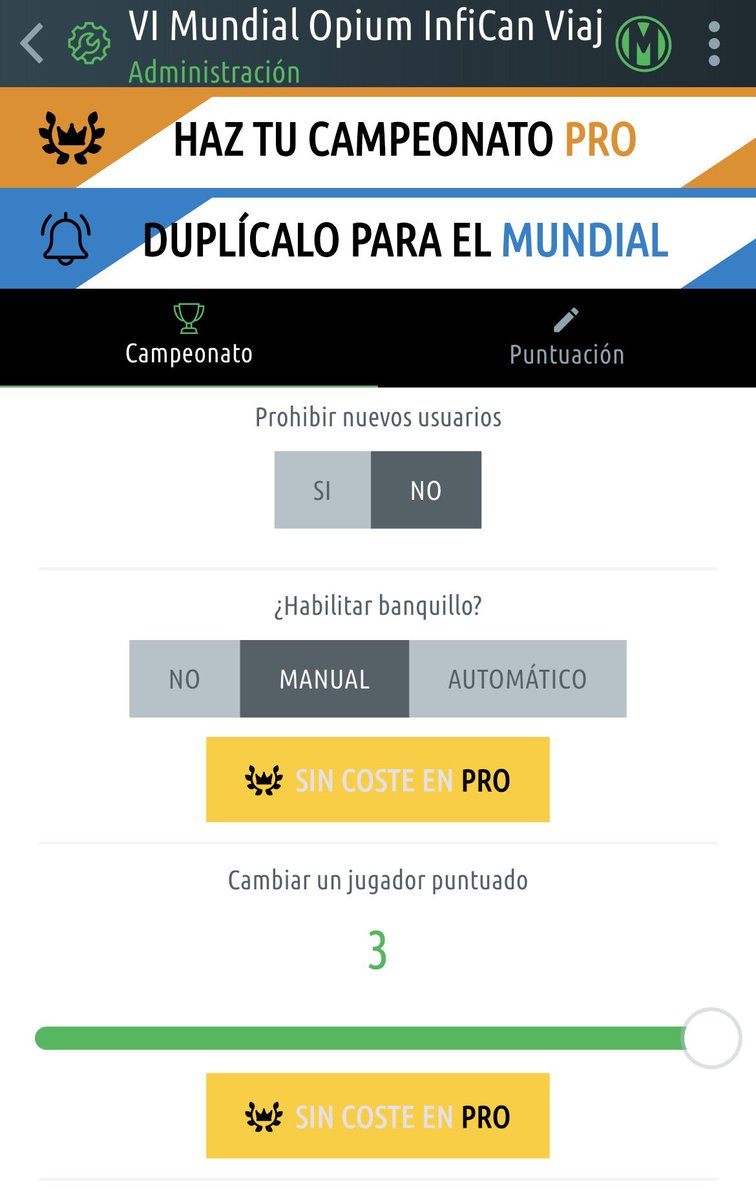 OpiumLeague's tweet photo. @futmondo Tengo una duda.
Tengo esta opción activada.
No entiendo bien cómo funciona lo de pro.
¿Es individual por cada participante?
¿Es de la liga entera?
¿Cómo sé si soy/somos pro? https://t.co/j8idbyzC6W