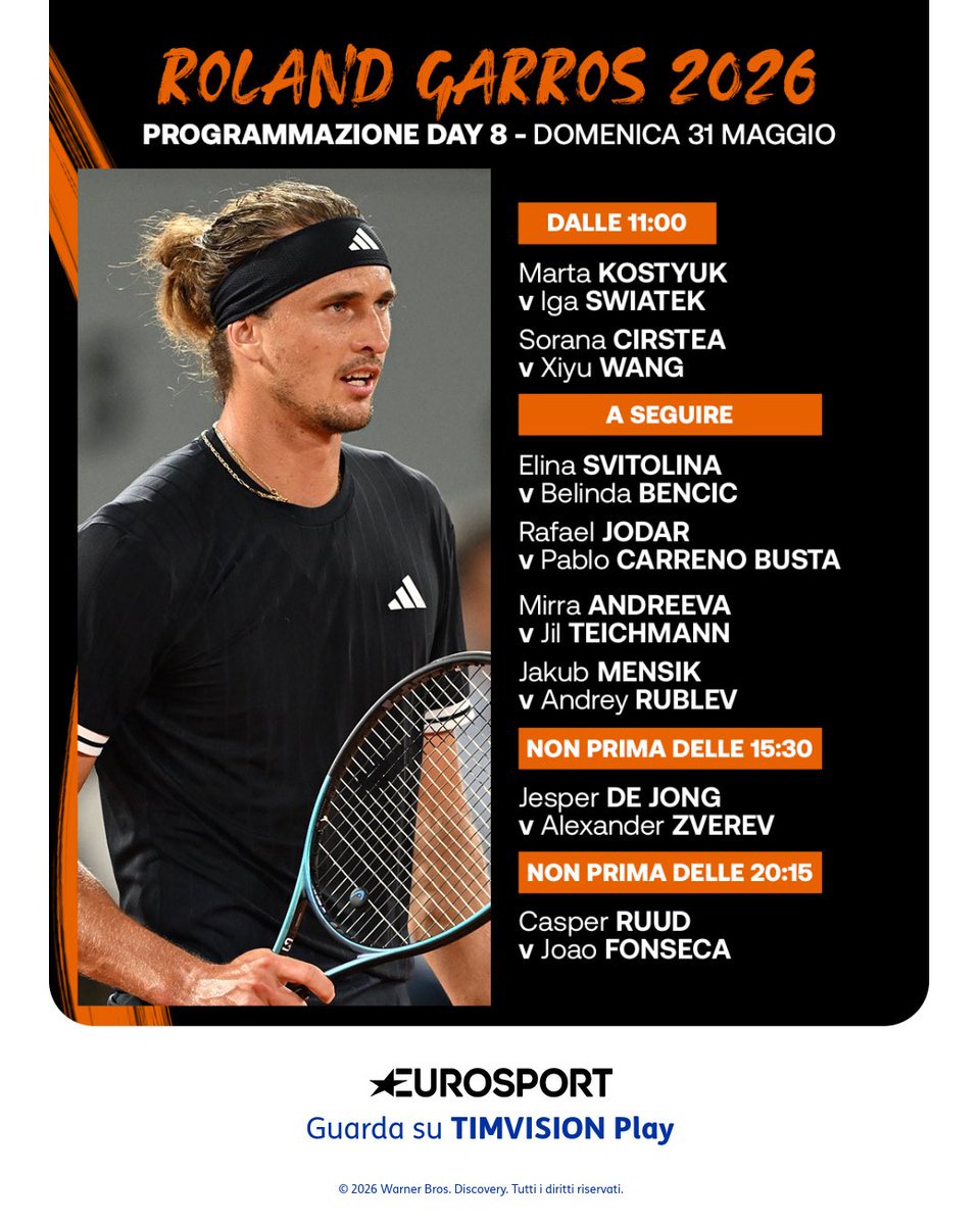 TIM_Official's tweet photo. Tutto è pronto per una nuova giornata di grande tennis sulla terra rossa del #RolandGarros. 🎾🔥

Non perderti nemmeno un match, live e on demand sui 6 canali #Eurosport + uno in 4K, disponibili su #TIMVISION Play 👉 https://t.co/cvJD6Axscw

#UnaConnessioneAllungaLaVita https://t.co/0FUjbp6SNz