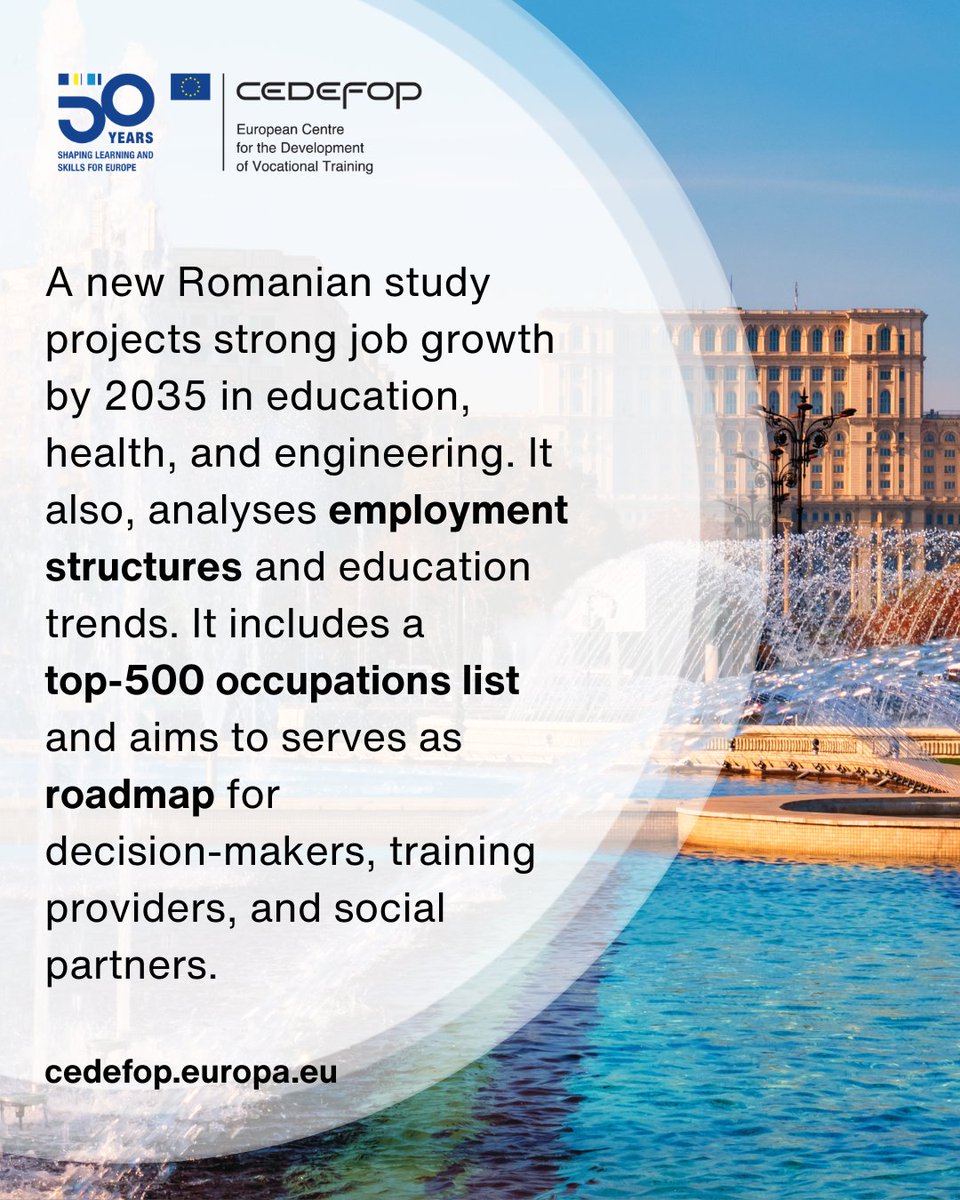 Cedefop's tweet photo. @ibe_edu 🇷🇴 Romania tracks job shifts to 2035. A new study reveals a massive 247% increase in vocational enrollment and provides a top 500 occupations list to help modernize VET pathways

Details: https://t.co/3r1hgyq7Zw https://t.co/Ylkma3oyDL