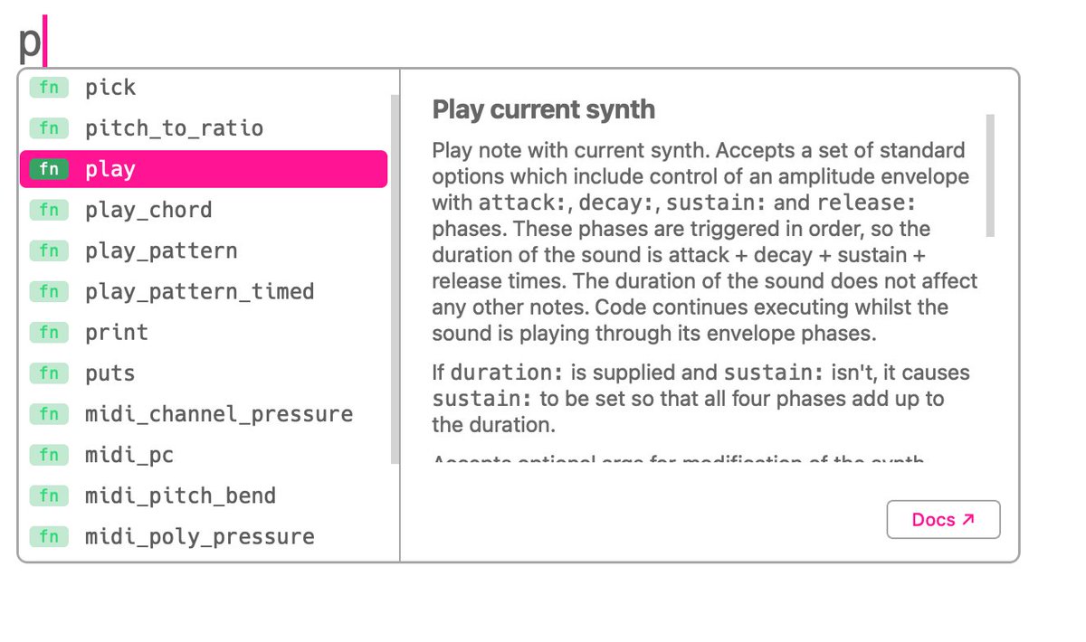 samaaron's tweet photo. Experimenting with new autocomplete ideas for
@Sonic_Pi

Patreon supporters will be able to get their hands on an exclusive pre-release very soon. https://t.co/jXSKiu7IXh
