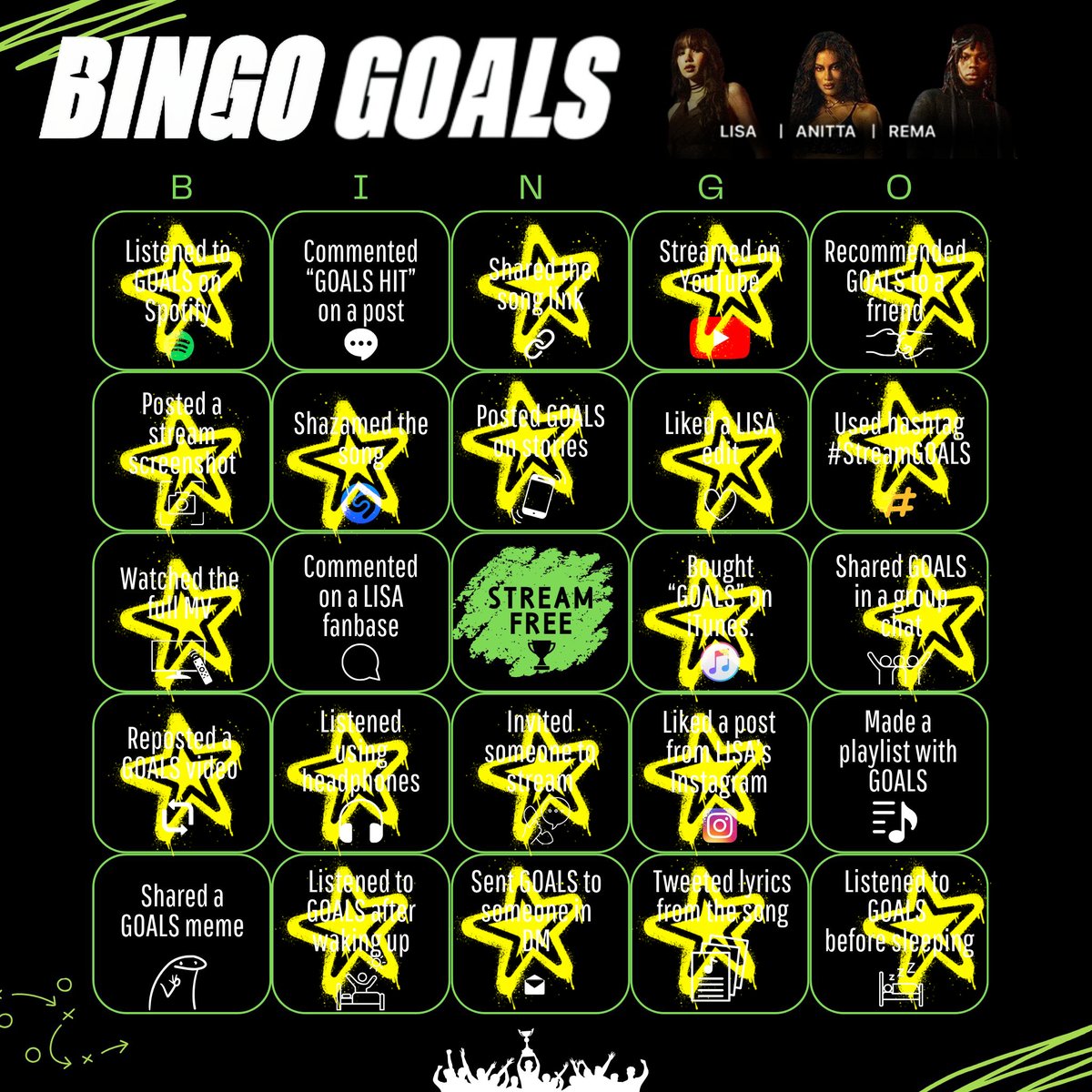 LISANATIONS_'s tweet photo. BINGO GOALS ⚽️⭐
Join the challenge and complete your bingo card!
#BingoGOALS #StreamGOALS https://t.co/Y2UQggunpC