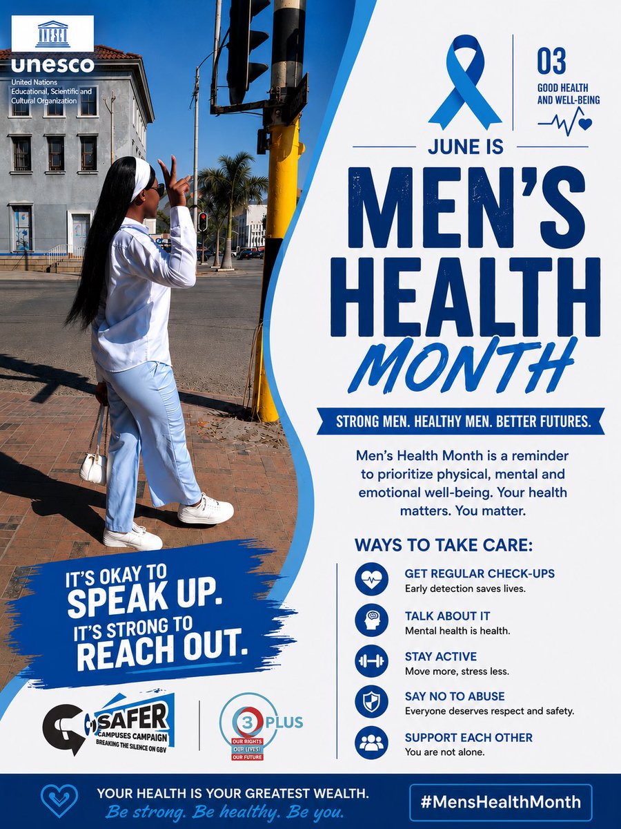 MapfumoTra60990's tweet photo. 💙 June is Men’s Health Month.
This month reminds us to prioritize men’s physical, mental, and emotional well-being. Let’s encourage regular health check-ups, healthy lifestyles, and open conversations about mental health.

#MensHealthMonth#SuicidePrevention #EndAbuse  💙 https://t.co/LgT0IOOLli