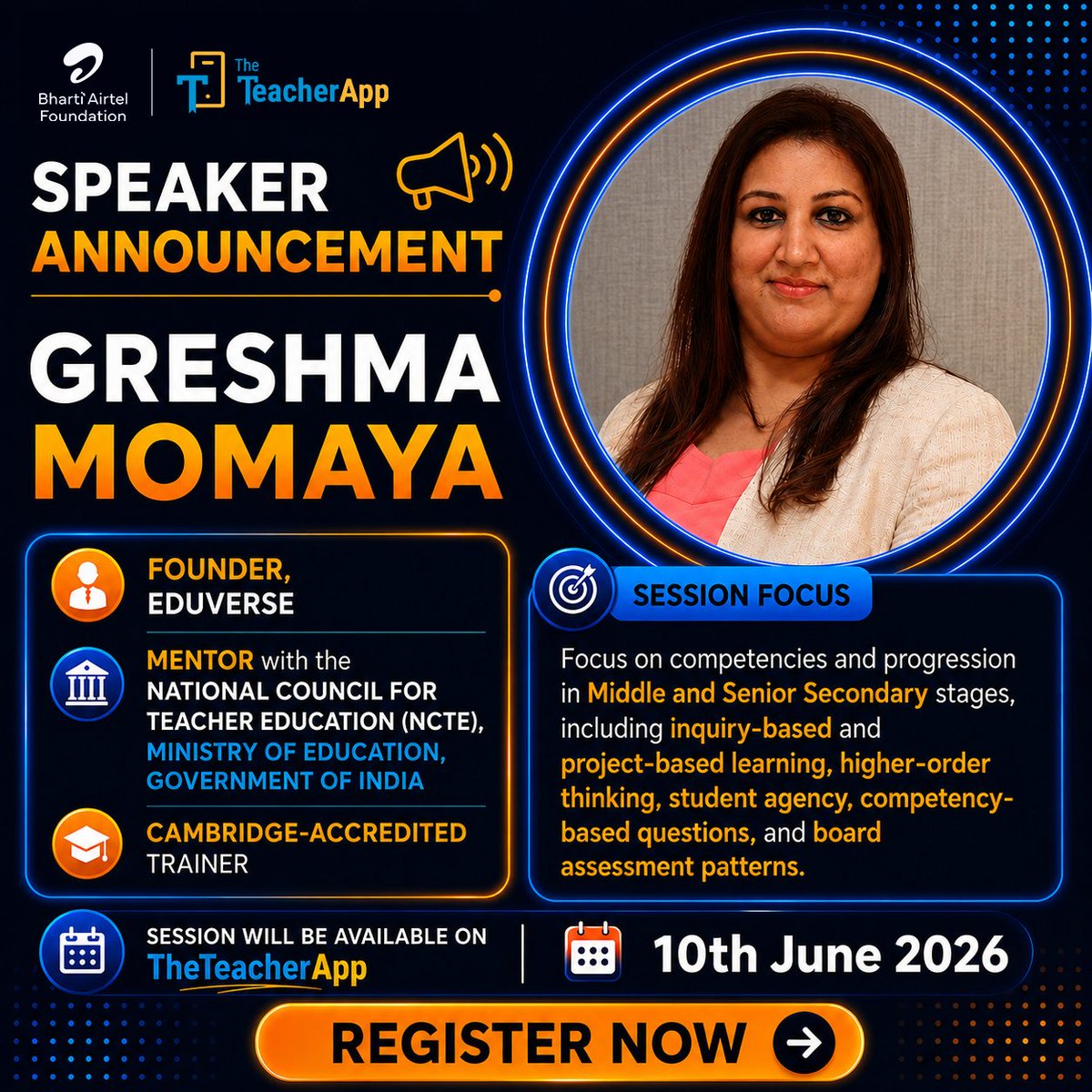 TheTeacherApp_'s tweet photo. Featuring distinguished speakers:
🌟 Prof. Indrani Bhaduri
🌟  Dr. Sudha Mishra
🌟 Greshma Momaya
🌟 Jayanti Dasgupta
🌟 Prakhar Ghildyal
🌟 Dr. Shalini Verma

Together, will explore how competency-based education can move classrooms beyond marks and towards meaningful learning. https://t.co/QVecfAJ1Mn