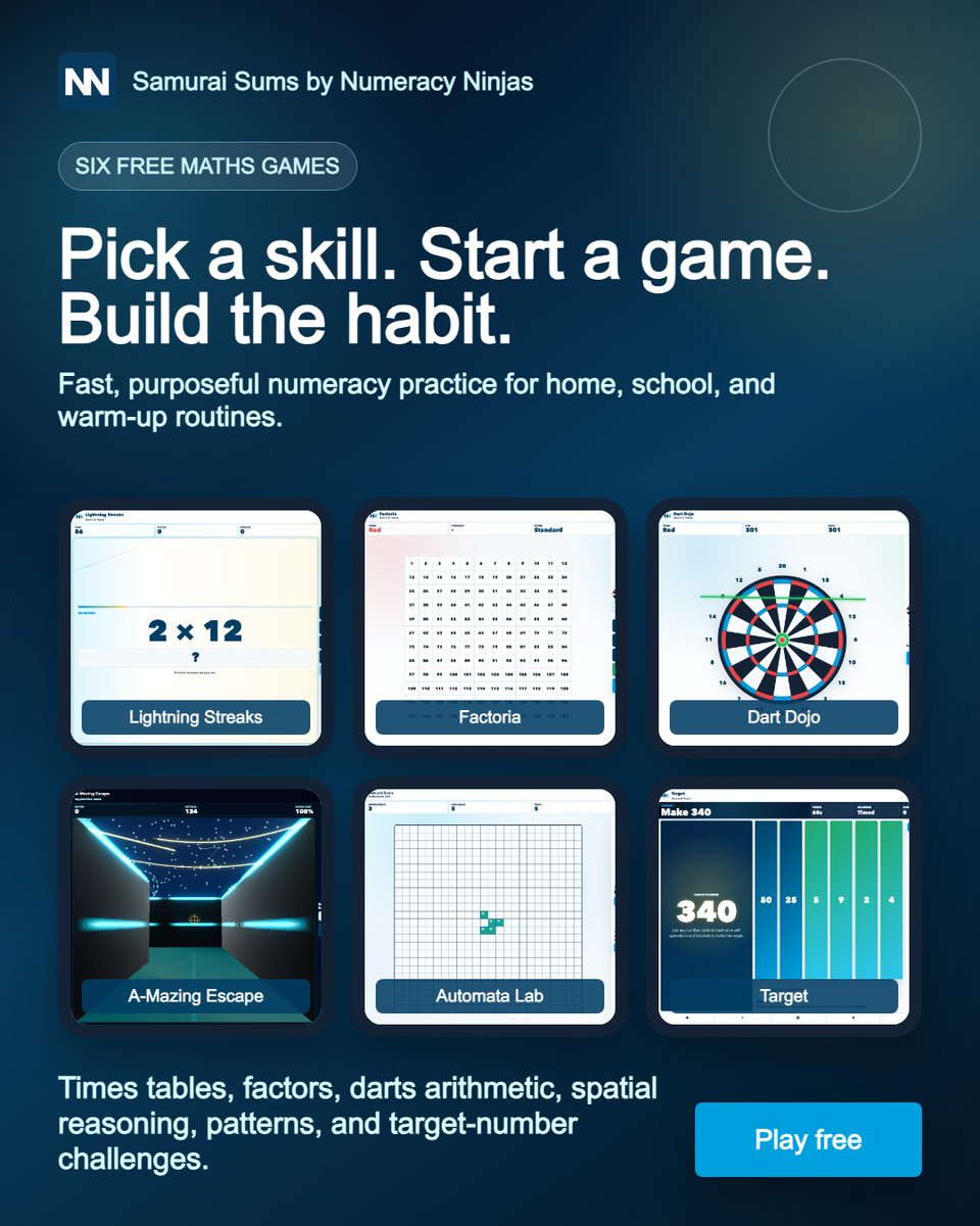 NumeracyNinjas's tweet photo. Lesson planning for the week ahead? 

Check out the BRAND NEW Samurai Sums by @NumeracyNinjas. 

https://t.co/Wz9NDNoCFj

Samurai Sums is a public games library by Numeracy Ninjas. No accounts, no adverts, no paywall: just focused number practice that works. https://t.co/eHp7yBKdoH