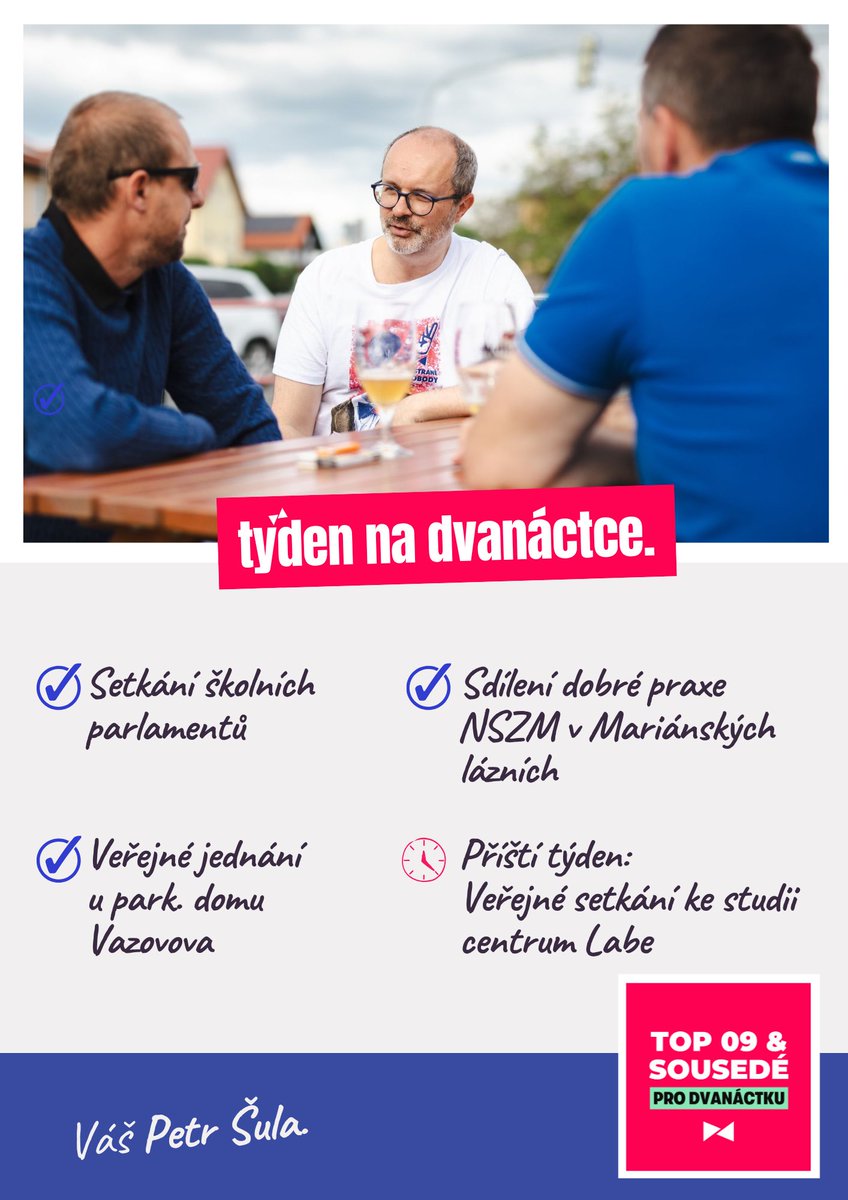 PetrSula_P12's tweet photo. Praha 12 tento týden:

Školní parlamenty, veřejné setkání k parkovacímu domu ve Vazovově a sdílení zkušeností v rámci Národní sítě zdravých měst.

Příští týden centrum Labe. https://t.co/6WJtUptSI5