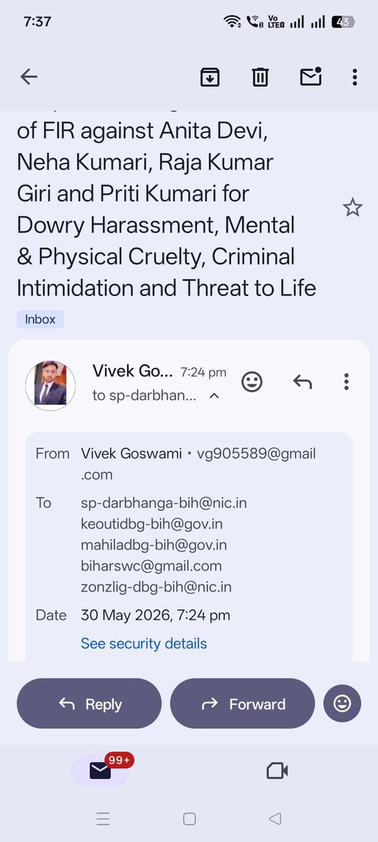 VGoswami90635's tweet photo. Dear @bihar_police @DarbhangaPolice I have raised a  email complaint on behalf of my sister where his husband and relatives mentally torcher and asking for dowry and threatening her to kill 
If dowry is not given but no any action has been taken 
Please take immediate action . https://t.co/OYEIXrDnvC