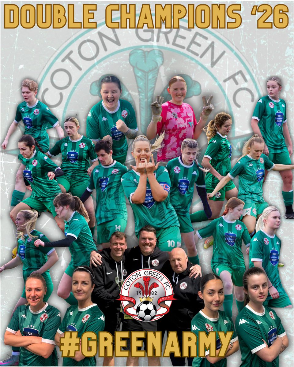 CotonLadies's tweet photo. 🏆| 𝑫𝑶𝑼𝑩𝑳𝑬 𝑪𝑯𝑨𝑴𝑷𝑺

Our Green Army Ladies are 𝐋𝐞𝐚𝐠𝐮𝐞 𝐂𝐡𝐚𝐦𝐩𝐢𝐨𝐧𝐬 😍

With today’s oppo unable to field a side, Coton have completed a historic league and cup double - taking our Ladies to Tier 6 for the first time in our history 📈 

🟢⚫️🔴

#GreenArmy https://t.co/oLQrgAAt9I