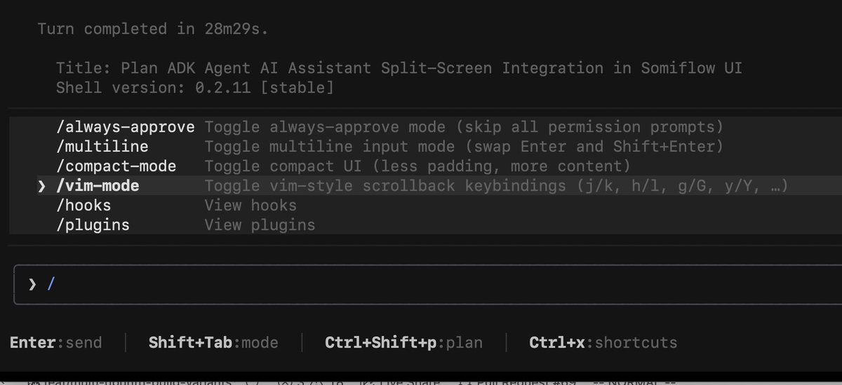 vi4m's tweet photo. ⌨️🤯grok coding agent - first thoughts!
* efficient  (512k context)
* very nice UI - includes vim mode, everything is clickable saving TUI space, doesn't require ghostty
* hyper-plan mode -> verify, comment, accept, visible action points
* built-in xlsx, docx, pptx generator https://t.co/0mmoKUbvKY