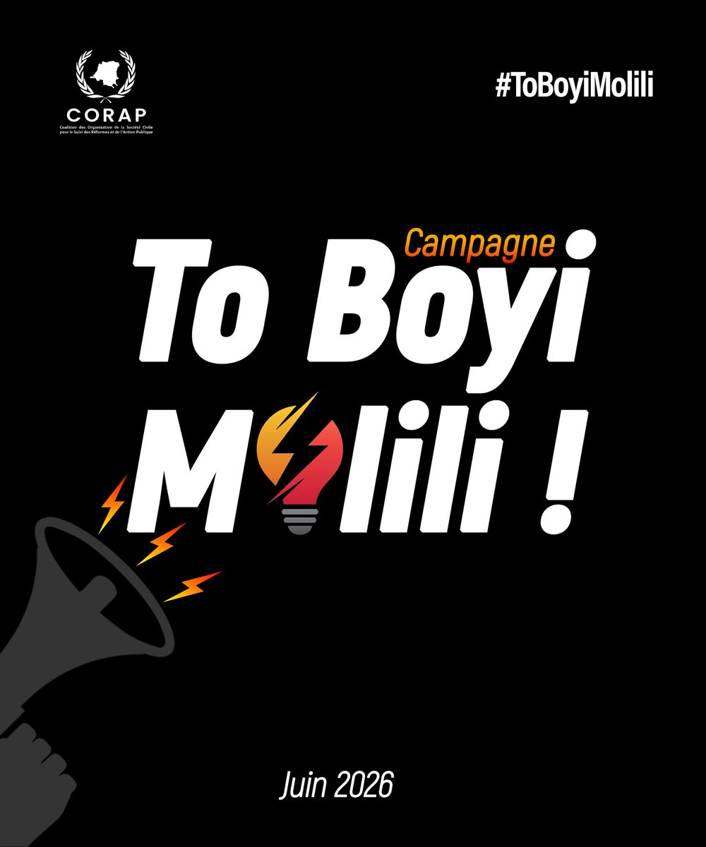 CorapRdcongo's tweet photo. 𝐍𝐨𝐮𝐬 𝐫𝐞𝐟𝐮𝐬𝐨𝐧𝐬 𝐪𝐮𝐞 𝐥’𝐨𝐛𝐬𝐜𝐮𝐫𝐢𝐭𝐞́ 𝐝𝐞𝐯𝐢𝐞𝐧𝐧𝐞 𝐮𝐧𝐞 𝐟𝐚𝐭𝐚𝐥𝐢𝐭𝐞́.

La campagne #ToBoyiMolili est lancée pour interpeller les décideurs et défendre le droit de chaque Congolais à une électricité stable, permanente et accessible à tous.

Rejoignez la mobilisation pour exiger des solutions concrètes face à ce problème qui nous touche tous .

L’heure du changement a sonné. 🇨🇩💡⚡

#ToBoyiMolili #courant #RDC #delestage #molili #Muinda #INSECURITE @Snel_Officiel @SNELrdc @molendosakombi @LwambaTeddy @ted_lwamba @acprdcongo @TopCongo @Min_Resshyd_rdc