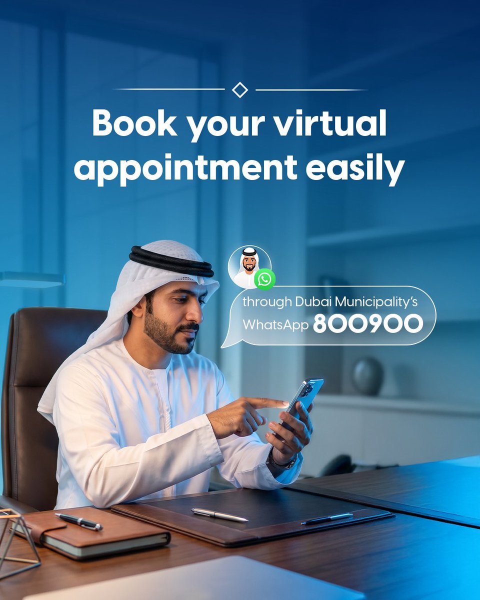 DMunicipality's tweet photo. Easily book a virtual appointment through WhatsApp on 800900 without the need to visit service centres.

Simple steps allow you to choose the time that suits you best. Start booking your appointment today through Dubai Municipality WhatsApp. https://t.co/T4ODpyEYgl