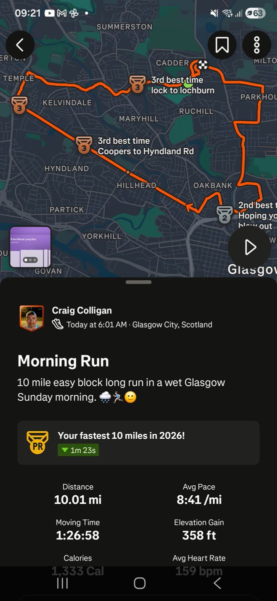 CraigRGNDem's tweet photo. 10 mile easy block long run in a wet Glasgow Sunday morning. 🌧🏃🏻♂️🙂
#Glasgow #Running #Strava #Runna #RainRun #GlasgowWestEnd @UKRunChat https://t.co/ZydjsaLb6s