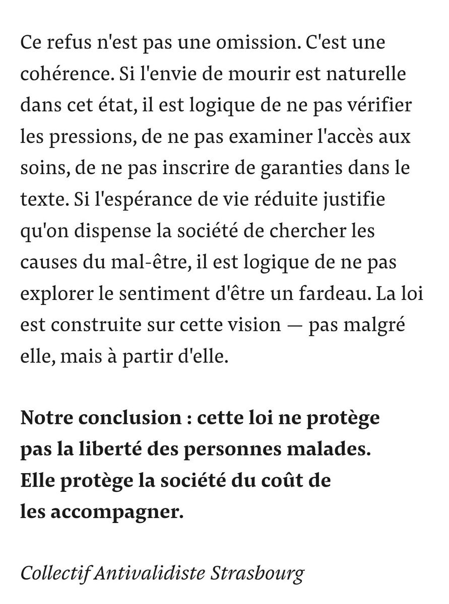 koztoujours's tweet photo. Le Collectif Antivalidiste Strasbourg a produit un cpte-rendu et 1 analyse incontournables de sa rencontre avec la député @sandraregol relative au suicide assisté et à l'euthanasie. Il est d'une pertinence médicale, sociale et juridique rare. A lire intégralement (lien ds le fil) https://t.co/I2viJSqnpy
