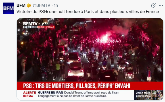 _h16's tweet photo. Exactement comme prévu, les racailles, les émeutiers et les pillards ont envahi Paris et d'autres villes de France pour détruire et mettre le feu. Tout le monde savait que cela allait arriver, les autorités, les journalistes, les internautes, les Français moyens, tout le monde. 

Exactement comme prévu, les titres des journaux sont minimalistes et relatent "des débordements, des interpellations, des tirs de mortiers, des policiers blessés, une nuit tendue". Bah oui. Tendue.

Exactement comme prévu, les images sur les chaînes de télé sont peu nombreuses, courtes et étroitement cadrées, rendant impossible d'estimer réellement l'ampleur des émeutes qui ont pourtant touché à peu près toutes les villes grandes et moyennes du pays.

Et bien que tout ceci se déroule donc exactement comme prévu, c'est-à-dire très mal, il n'y aura aucune remise en question ni des méthodes particulièrement laxistes de gestion de ces émeutes, ni des politiques d'aplatissement gluant menées jusqu'à présent vis-à-vis de ces racailles. Il n'y aura aucune remise en question de l'organisation et des messages niais débités maintenant de façon compassée par toutes les autorités parfaitement incompétentes. 

Sur X et sur quelques autres médias, l'information circule et nous mesurons l'ampleur de la démission des autorités, de l'aplaventrisme des politiciens et de la nullité des journalistes. 

Ce n'est pas vrai ailleurs. Or, il est indispensable que soit mis au courant tous les autres Français, qui financent directement et indirectement tant les émeutiers que les politiciens et les journalistes incompétents de la caste jacassante : ce sont les Français qui bossent, ceux qui auraient voulu fêter tranquillement, ceux qui vont tout nettoyer et rebâtir après ces émeutes qui sont conservés dans l'ignorance de ces pillages et de ces guérillas urbaines. 

Sur X, il existe de multiples témoignages, des vidéos, des reportages sur ce qui s'est vraiment passé. Faites les voir à votre entourage, partagez les à votre famille et à ceux qui ne sont pas au courant, ou, pire, à tous ceux *encore trop nombreux* qui se réfugient dans l'ignorance commode pour réfuter, ou pire pour continuer à adouber le système actuel et voter pour la même racaille politique, celle-là même qui favorise et se nourrit de la racaille périphérique.