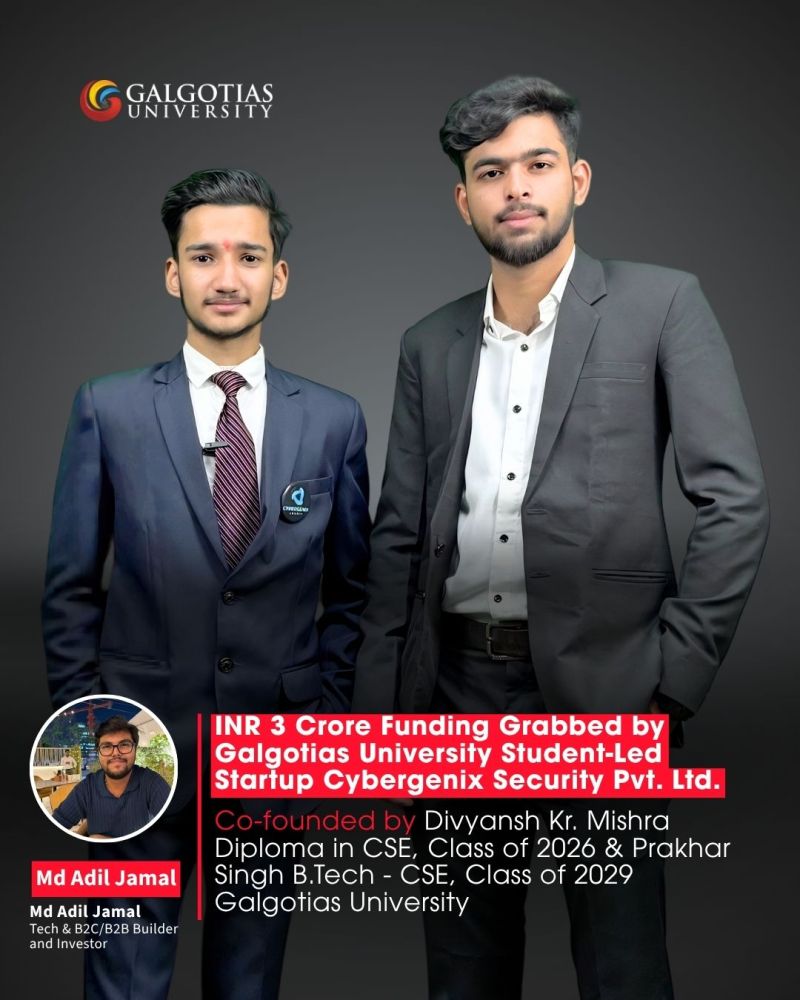 SCSE_GU's tweet photo. Congratulations to Divyansh Kumar M. and Prakhar Kumar Singh on securing ₹3 Crore investment for their AI &amp; cybersecurity startup, Cybergenix Security Pvt. Ltd. 🌟
A remarkable achievement showcasing innovation, entrepreneurship, and tech excellence.

#Cybergenix #StartupFunding https://t.co/ihSwiouuMD