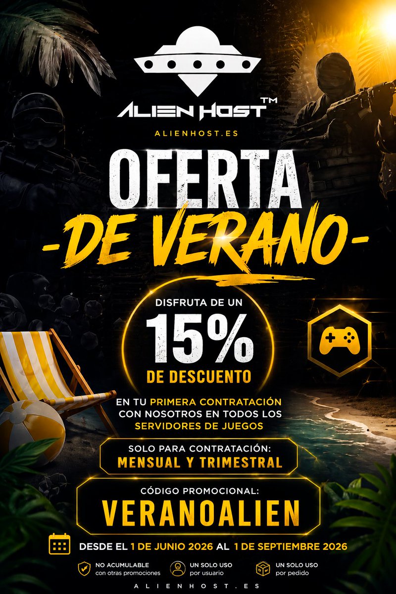 AlienHost_es's tweet photo. Este verano es un buen momento para empezar ese proyecto que llevas tiempo pensando. ☀️

🎮 15% de descuento en tu primera contratación de servidores de juegos.

📅 Del 1 de junio al 1 de septiembre de 2026
🎟️ Código: VERANOALIEN
Válido para contratación mensual y trimestral.

https://t.co/HAX5YdieKv