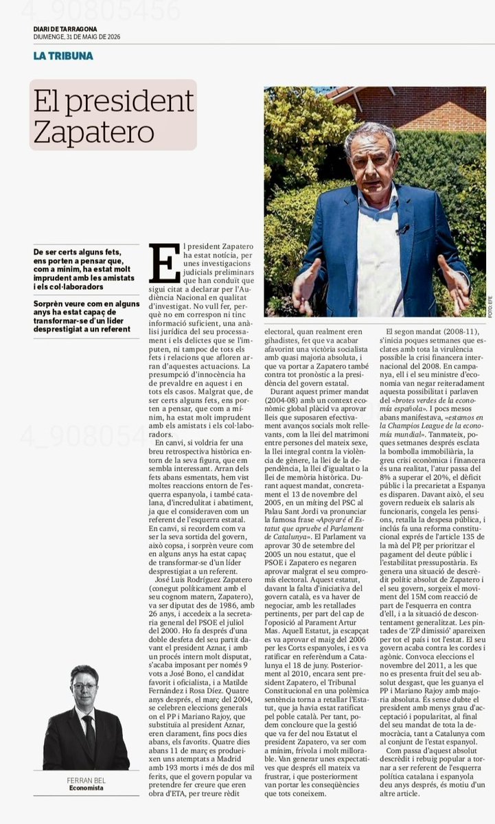 Ferran_Bel's tweet photo. Dedico l’article al @diaridtarragona a recordar la trajectòria política  del president Zapatero. Va acabar absolutament desprestigiat i desgastat , per això sorprèn que 10 anys després l’esquerra espanyola i també la catalana el consideres  un referent
📌 https://t.co/OgvRC6Z2nQ https://t.co/1DltDEbyao