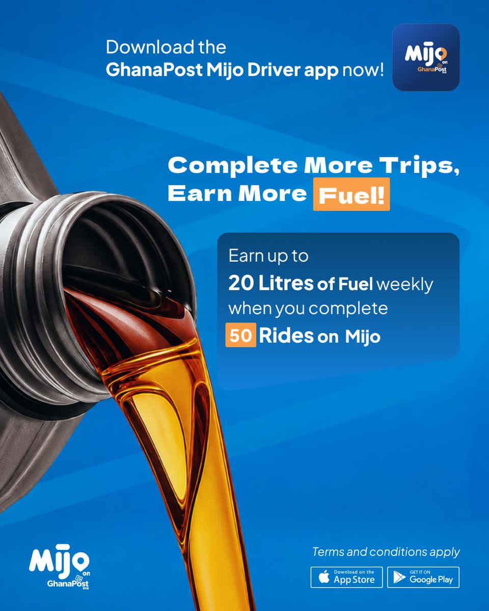Vamijogh's tweet photo. 50 rides = 20 litres fuel ⛽

Mijo drivers, complete 50 rides a week and get 20 litres of fuel starting today, 31st of May 2026. It's that simple! 

So stay active and enjoy more rewards on Mijo.😊

#MijoOnGhanaPostGPS  #Ghana #Mijodriver https://t.co/mwSSMjn4gT