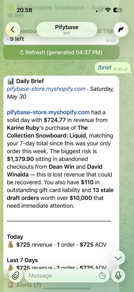 davidwin94's tweet photo. Your Shopify store briefing, delivered to Telegram every morning.

Revenue, top products, inventory alerts, abandoned carts, and opportunities, all in one message before your first coffee. https://t.co/nJDvGEu25M