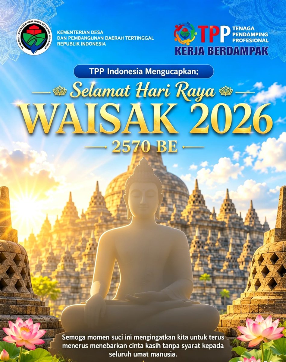 MohAli0909's tweet photo. Selamat Hari Raya Waisak 2569 BE, 31 Mei 2026.
Semoga kedamaian, welas asih, dan kemajuan desa terus tumbuh bersama. TPP hadir untuk semua warga NKRI.
@YandriSusanto
@ARizaPatria 

#KementerianDesaPDT
#BPSDMKementerianDesaPDT
#KerjaPendampingDesaBerdampak https://t.co/JBvRhbQ2Sa