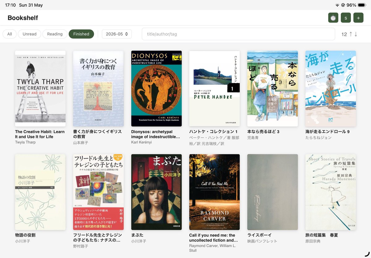 _fisque's tweet photo. 2026年5月、私を通過した読みもの：

今月の本棚を眺めると、タイトルよりも著者の名前が大きく印刷された本があると気づく。トワイラ・サープの本は彼女の名前のほうが大きい。舞踏家の心身管理の話。2011年初読から、私も彼女も年齢を重ねた。その距離は変わらないのに、彼女の近影は昔よりもかっこよく見える。私のロールモデルのひとりは、株主に洗練されたプレゼンテーションするような起業家でもなく、プラダを着た悪魔でもなく、自分のスタジオでトレーニングを続けるトワイラだ。週に1度、エッセイを発表し、ニュースレターを送ったあと、また書斎にひとりでこもるような。

ハントケコレクションは、彼がノーベル文学賞を獲ったから出たものだろう。長らく絶版だった「幸せではないが、もういい」をようやく読めた。自殺した母親の人生を書き綴ったもの。285ページの、「けれども私は、それは違うと確信している」という、「確信」のところでだけ、急に頭痛がした。彼がなぜそう思ったかを、おそらくわかっていて書かない選択をしたように、私もなぜ頭痛がしたかをおそらくわかっているけどここには書かない。同じ本に収録された、「長い別れのための短い手紙」は、「幸せではないが、もういい」と違って、読み終わるまでに時間がかかった。語り手がいろいろなことを考え、話し、出来事や他者を通過しながら進んでいくのだが、どこに行けばいいのかよくわかってない浮遊感に私も飲み込まれ、なんだかだるいような、でも先に進まなきゃいけないんだ、何かがこの先にあるのはわかってるから、みたいな時間を過ごした。ソファで足を組み替えたり、体育座りでのぞきこんだり、途中で休憩のつもりが昼寝しすぎたりして付き合った。楽しくないのに読ませる吸引力。読み終えて、やっと終わったと思った。それから2日して、メモした言葉のいくつかがつながり、言葉以前の何かになり、置き配の荷物のように私に到着した。夫は絶対にこの作品が好きじゃないと思う。

『本なら売るほど』の新刊を読み、1巻目の、本の葬送を思い出す。本好きだった人が亡くなり、残った本の処分を頼まれる古書店主の話。「処分」の言葉だけが強烈に残り、強制収容所のことが浮かび（この時点で、もうマンガのことは頭にない）、何か読もう、そういえば小川洋子が話していたことをもう一度聴きたい、ハントケのあとならたぶん昔と違って聞こえるはずだ、と連想する。『物語の役割』で言及されていた「リンデンバウム通りの双子」を収録した『まぶた』が絶版で、大学の図書館にもなく、『フリードル先生とテレジンの子どもたち』は大学のどこかの研究施設にはあるが行ったことなくて面倒、というか最近暑くて新しい場所に行くのが億劫と相成り、大きな本屋で買った。古書店の店主が大量の本を日没までに査定して、買い取るぶんを精いっぱい箱に詰めたこと。双子の兄のカールが、花束を作ったり、チョコレートの包みを雨に濡れないように胸に抱える手つき。初期バウハウスで活躍した芸術家のフリードル先生が、収容所に向かう前、色紙や布やクレヨンをトランクに詰め込んだときに考えていたこと。

『海が走るエンドロール』が完結した。夫と死別後、美大生になって映像を専攻する主人公。65歳。彼女の周りにいる若い同級生との空気がうらやましいと思っていたら、彼らが食べていたすき焼きが食べたくなり、わざわざ少し歩く肉屋まで行き、夕食をすき焼きにした。大学の授業で知り合った若い学生からLINEが届いて、ああ、うらやましいとかじゃなく、私も大学に通い直しているんだったと思い出す。「文学のことよくわかんないけど、詩を授業で読んでみたらめっちゃおもしろかった」と話すその人は、目下、試験期間中だ。就活と留学準備も並行していて、うがー（叫）みたいな感じだが、こちとら他人だし、年が離れているのもあって、呑気に見守っている。6月に会う約束をした。