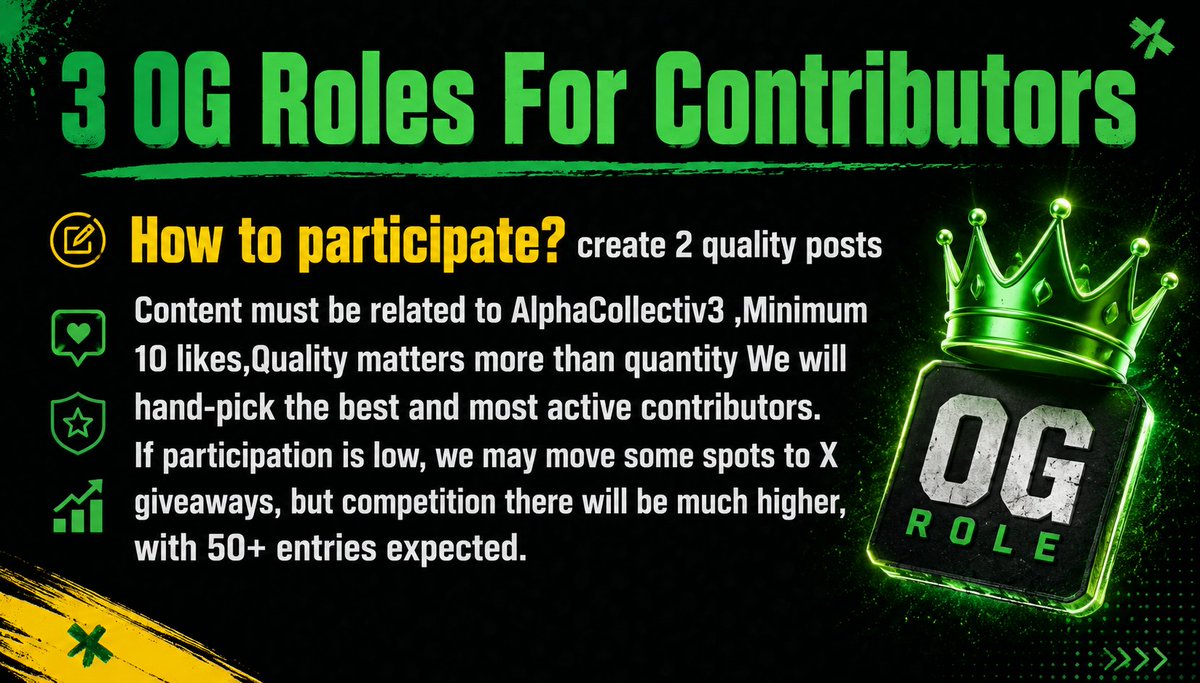 AlphaCollectiv3's tweet photo. 3 OG Roles for Contributors

Create quality X content related to AlphaCollectiv3 and post it here.

Requirements:
• Content must be related to AlphaCollectiv3
• Minimum 10 likes
• Quality matters more than quantity

We will hand-pick the best and most active contributors. https://t.co/Z1O1b6WBrx