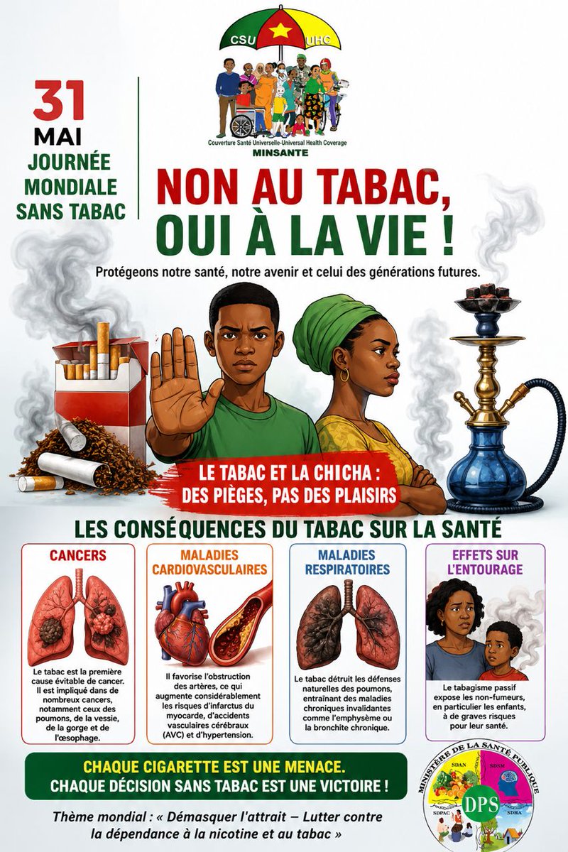 MINSANTEDPS's tweet photo. 🚭 Journée mondiale sans tabac – 31 mai

Le tabac et la chicha nuisent à la santé et exposent aussi l’entourage au tabagisme passif. Chaque décision sans tabac est une victoire pour vous et vos proches. 💚

#JournéeMondialeSansTabac #StopTabac #SantéPourTous #DPS https://t.co/YqoaCE6W3Y