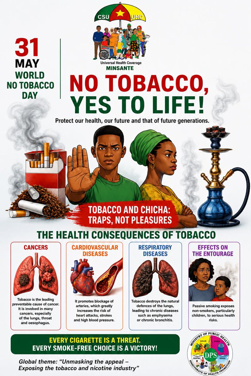 MINSANTEDPS's tweet photo. 🚭 Journée mondiale sans tabac – 31 mai

Le tabac et la chicha nuisent à la santé et exposent aussi l’entourage au tabagisme passif. Chaque décision sans tabac est une victoire pour vous et vos proches. 💚

#JournéeMondialeSansTabac #StopTabac #SantéPourTous #DPS https://t.co/YqoaCE6W3Y