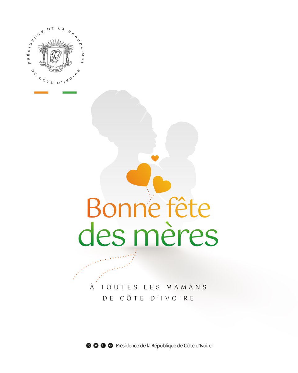 AOuattara_PRCI's tweet photo. Je souhaite une excellente fête à toutes les mamans de Côte d’Ivoire.  
Merci pour votre courage, votre dévouement de chaque instant et votre tendresse infinie. https://t.co/9VQsT93xo0