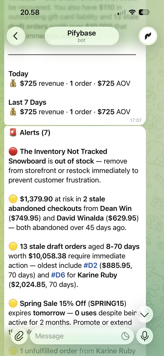 davidwin94's tweet photo. Your Shopify store briefing, delivered to Telegram every morning.

Revenue, top products, inventory alerts, abandoned carts, and opportunities, all in one message before your first coffee. https://t.co/nJDvGEu25M