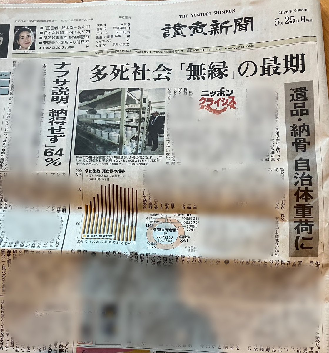 新聞 26年5月26日読売新聞を買ったのは、この1面トップ記事を読みたかっ