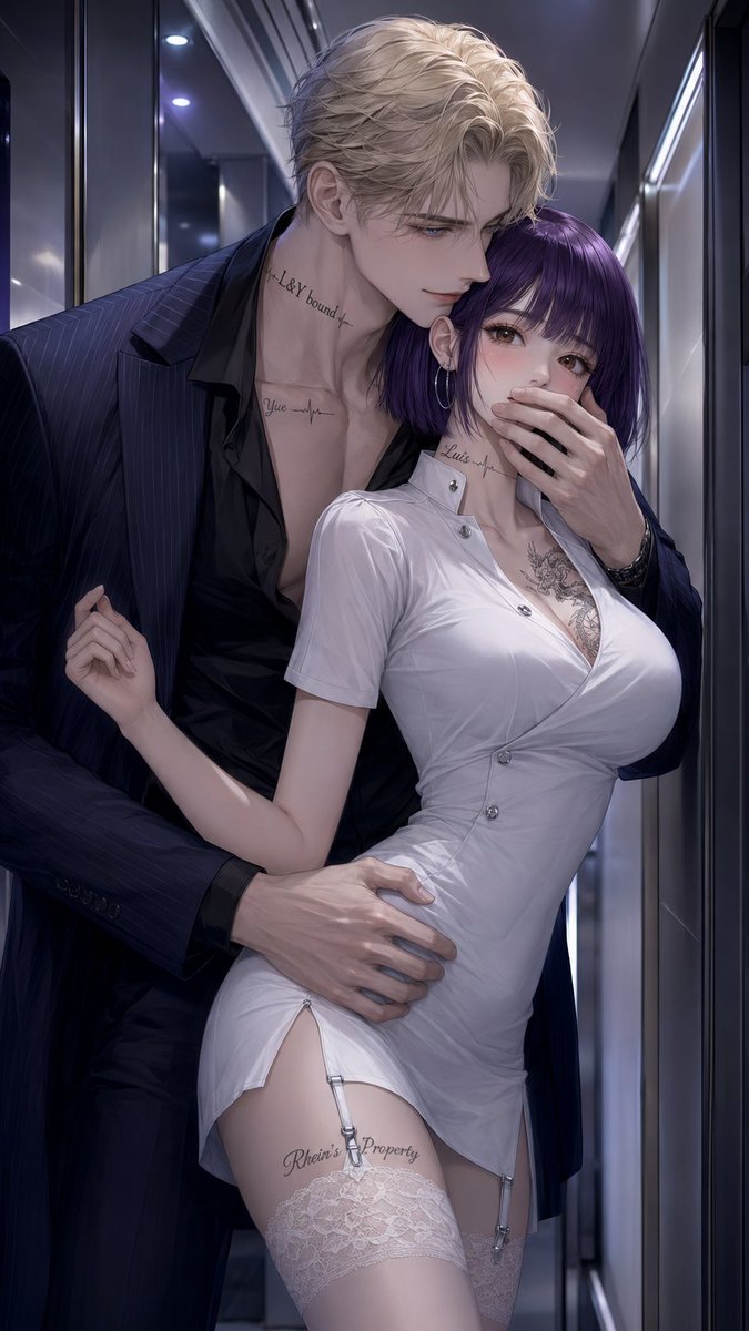 YueyueforLuis's tweet photo. 手上寫完的prompt太多了先發一個！
乙女遊戲cg第三彈✨✨
prompt:Create a romantic movie-style anime illustration, retaining only the close-up composition of the corridor, the intimate back-to-back pose, the tension of the narrow space, and the romantic atmosphere. Please maintain the originality of the characters.

Scene: A narrow corridor in a modern high-rise apartment or luxury hotel at night. Cool white ceiling lights, smooth metal elevator doors, reflective wall panels, soft blue-gray shadows, and subtle purple ambient light create a clean, cinematic background, evoking a sophisticated otome game CG atmosphere. The space is private and tranquil, filled with a secret romantic ambiance.

Composition: A vertical close-up composition, slightly low angle. The female protagonist stands in the foreground, slightly turned to face the viewer, gracefully leaning against the narrow corridor. The male protagonist follows closely behind, tall and protective, leaning close to her ear with a playful smile. Louis's arm gently encircles the female protagonist's waist, holding her tightly in a romantic possessive embrace. His other hand gently covered or touched the vicinity of the female protagonist's lips, carrying a playful mystery, as if hinting that she should remain silent in this intimate moment of flirtation. The female protagonist's eyes were wide open, flushed, shy yet clearly attracted to him, without a trace of fear, unease, or aggression. Their faces were inches apart, creating a rich romantic atmosphere.

The female protagonist was an adult woman, her face displaying surprise, shyness, blush, and secret delight, her eyes sparkling with a soft, romantic light.

The female protagonist's attire:

A fitted white short-sleeved uniform-style mini dress, elegant yet subtly provocative, without sacrificing taste. The simple high-necked design, delicate buttons, short skirt, and soft, close-fitting pleats perfectly outlined her curves. She paired it with white lace over-the-knee stockings, the tops adorned with delicate garter belts and small silver clips, the fabric soft and comfortable. The overall styling should evoke a fashionable fantasy uniform aesthetic, rather than a realistic medical setting.

The male protagonist is an adult male, tall and broad-shouldered, lean and muscular, with an elegant neck, strong arms, and well-proportioned features. His expression is languid, slightly playful, gentle, and protective, while he gazes intently at the female protagonist. He wears a dark blue or black pinstripe suit jacket, worn open, over which he wears a slightly loose black satin shirt with an open collar, the fabric elegantly pleated and lustrous. He pairs this with well-tailored dark suit trousers. This suit should accentuate his broad shoulders, slender waist, tall figure, and his protective aura. His hands should be elegant and anatomically appropriate.

Atmosphere: The tense atmosphere of a modern forbidden love corridor, secret moments between lovers, a subtle danger, ambiguous intimacy, and elegant romantic suspense. Postures must convey mutual consent, love, and playfulness, without any violence, fear, pain, coercion, or harm. The female lead should appear shy and flustered, not afraid. The male lead should appear gentle and playful, not threatening.

Style: Highly detailed anime/manga illustrations, comparable to high-end romantic manga covers. Smooth and concise lines, natural color transitions, expressive eyes, a subtle blush on the cheeks, skin with a delicate sheen, realistic fabric textures, a glossy suit fabric, clear folds in a white dress, elegant hands, accurate human anatomy, and a simple corridor creating a cinematic feel. 

Negative Warnings:
Innocent faces, terrified expressions, crying, violence, injuries, bruises, stiff expressions, forced poses, vulgar poses, nudity, sexual acts, extra fingers, extra hands, missing fingers, deformed hands, duplicated portraits.