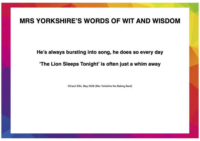 YorksBakingBard's tweet photo. A musical one today! #thelionsleepstonight #wimaway #popmusic #thetokens #60smusic #tightfit #80smusic #comedy #joke #poem #puns 🎶🎶🎶🦁 https://t.co/z24EVn1lkP