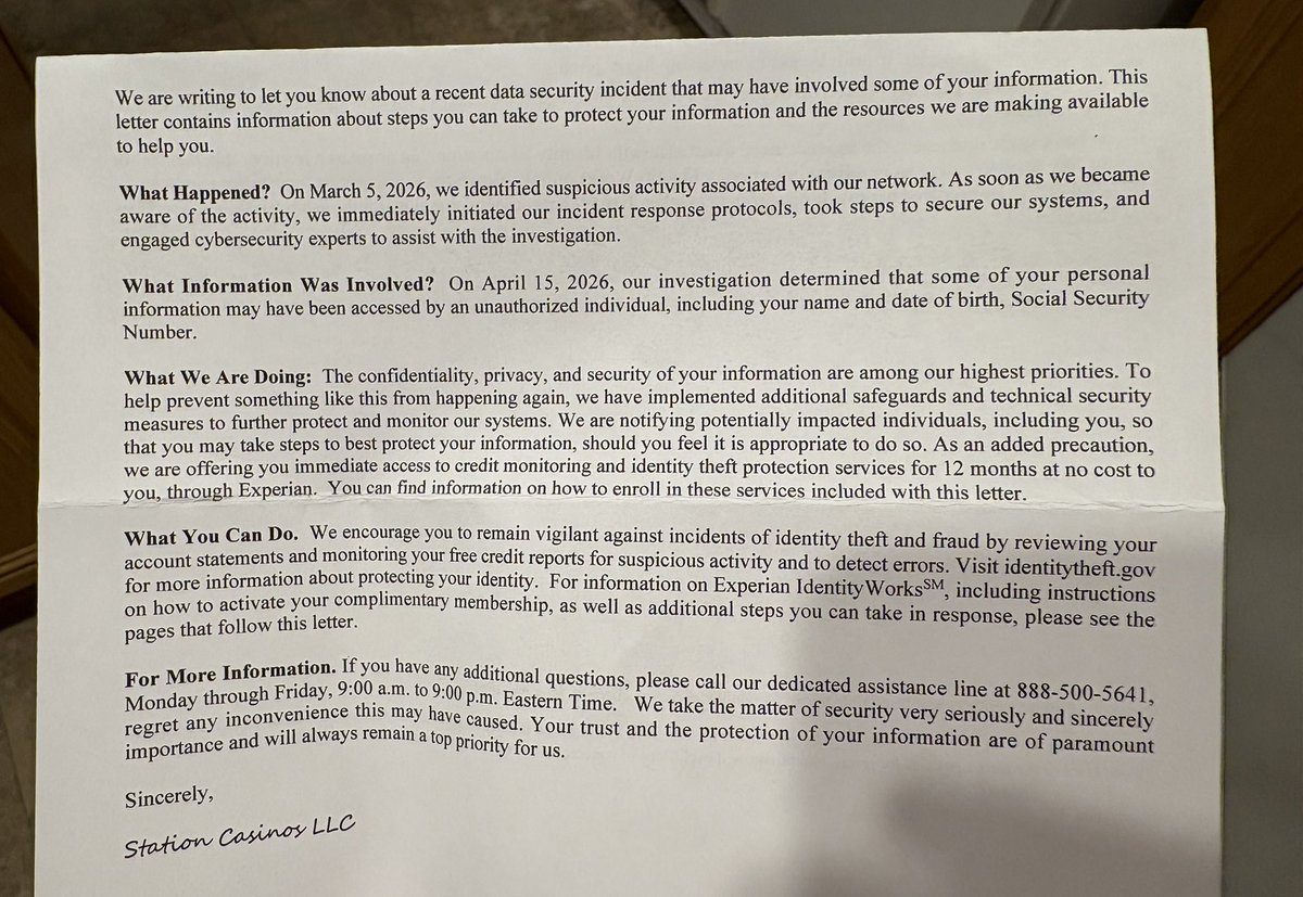 VitalVegas's tweet photo. Station Casinos was hacked on March 5, 2026. They started notifying customers May 21, 2026. (History suggests they probably paid the ransom.) As concerning, where’s the coverage by local news outlets? Nothing to see here! https://t.co/OwUqbGmq0n https://t.co/P8YVIWQ2Jt