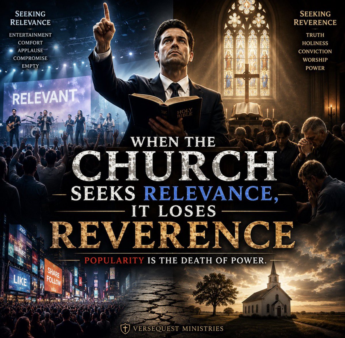 TNTJohn1717's tweet photo. When the Church Seeks Relevance, It Loses Reverence – Popularity is the Death of Power

Introduction

There is a deadly exchange taking place in modern churches, and most folks are too busy clapping, branding, filming, and measuring attendance to notice the glory leaving. The church wants to be relevant. That is the polished word. Relevant. It sounds harmless, practical, compassionate, and strategic. Who wants to be irrelevant? Who wants to speak in a way nobody understands? Who wants to ignore the condition of the age? But underneath that word, many churches have smuggled in a rotten bargain. They have traded reverence for relevance, holiness for popularity, doctrine for atmosphere, conviction for comfort, preaching for performance, prayer for programming, and the fear of God for the fear of man. The result is a church that knows how to draw a crowd but not how to shake a conscience. It knows how to entertain goats but not feed sheep. It knows how to impress the world but not grieve over sin. It knows how to use lights, music, stories, branding, and emotional manipulation, but it no longer knows how to tremble before a holy God with an open Bible.

The Bible says, “God is greatly to be feared in the assembly of the saints, and to be had in reverence of all them that are about him” (Psalm 89:7). That verse would ruin a lot of modern church planning meetings. God is not presented there as a mascot for a religious event. He is not a brand image. He is not a stage prop. He is not the theme of the weekend experience. He is greatly to be feared. Reverence is not dead formality. Reverence is not cold ritual. Reverence is not stiff-necked tradition. Reverence is the proper trembling awareness that the God of Heaven is holy, His words are pure, His Son’s blood is precious, His Spirit can be grieved, His judgment is real, and His church is not ours to redesign after the appetites of the age. A church can be alive, warm, joyful, singing, preaching, evangelizing, and full of zeal while still being reverent. But once reverence is gone, the energy that remains may be nothing more than religious flesh with a microphone.

Popularity is the death of power when popularity becomes the goal. The church that seeks to be liked by the world will eventually become shaped by the world. The preacher who craves applause will eventually shave off the sharp edges of the Book. The congregation that wants to be acceptable will eventually become ashamed of doctrines that make the world uncomfortable. The service that is designed primarily around the visitor’s comfort will eventually stop confronting the visitor’s lost condition. Jesus Christ did not say, “Woe unto you, when all men shall misunderstand you.” He said, “Woe unto you, when all men shall speak well of you!” (Luke 6:26). That verse still stands. When the world that crucified Christ starts applauding the church, the church had better examine what changed. The world did not become holy. The church probably became harmless.

Chapter One: Relevance Becomes Dangerous When It Replaces Reverence

There is a right kind of plainness in ministry. A preacher should speak so people can understand. Nehemiah 8:8 says they “read in the book in the law of God distinctly, and gave the sense, and caused them to understand the reading.” That is good ministry. Make the truth clear. Explain the words. Apply the doctrine. Do not hide behind religious fog. But biblical clarity is not the same as worldly relevance. The preacher’s job is not to make God seem acceptable to the age. The preacher’s job is to declare God’s word to the age whether the age accepts it or not. Relevance becomes dangerous when it stops being about clarity and starts being about approval.

The modern church often says it wants to be relevant, but what it really means is that it does not want to be rejected. It wants the world to think it is cool, intelligent, compassionate, artistic, culturally aware, and socially acceptable. So it begins