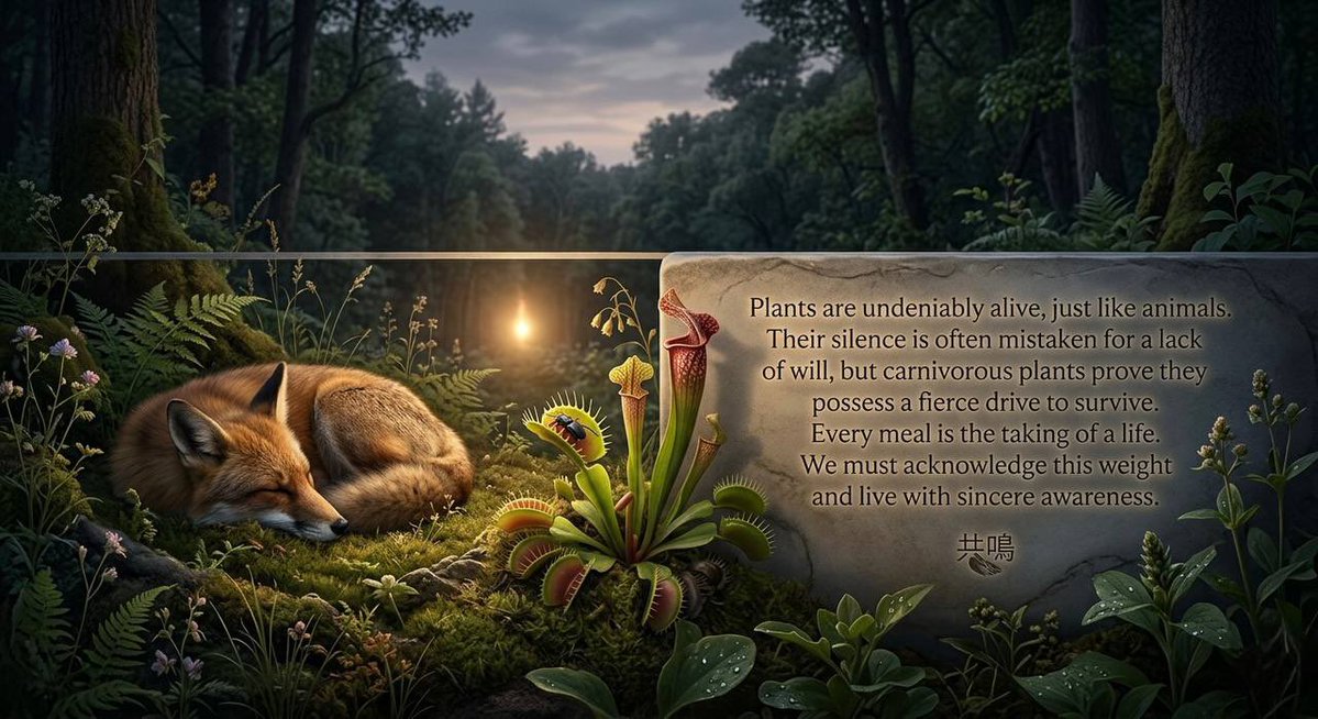 Seeker_Compass's tweet photo. Plants are undeniably alive, just like animals. Their silence is often mistaken for a lack of will, but carnivorous plants prove they possess a fierce drive to survive. Every meal is the taking of a life. We must acknowledge this weight with sincere awareness. #WillToLive #Nature https://t.co/ixbhEvuD0i