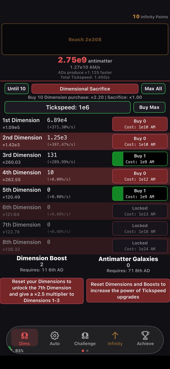 lzu5a's tweet photo. iOS向けのantimatter dimensions アプリ

infinity dimensions 

ニュースはオプションで消してるけどずっと流れるのも本家と一緒

iOSの改悪で下部のボタンエリアが丸くなったせいで進捗バーが見切れてるの草 https://t.co/iyMGoAD1Av