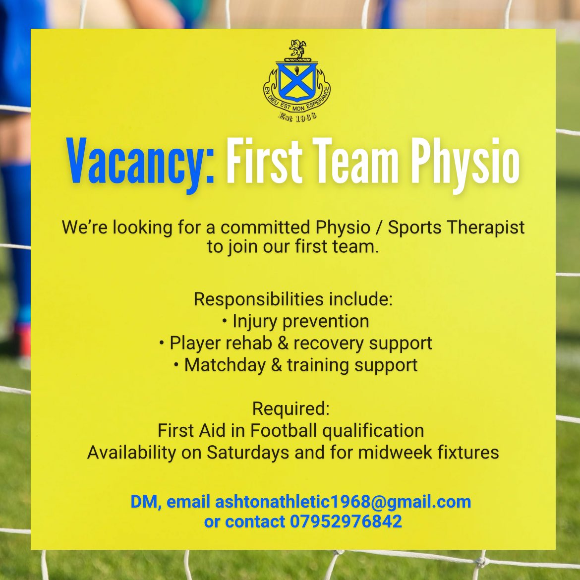 AshtonAthletic's tweet photo. We’re now looking for a Physio / Sports Therapist to join our First Team ahead of the new season ⚽

A key role in player performance, recovery + injury prevention 🏃‍♂️

Must be available Saturdays + occasional midweek fixtures

Interested or want more info? Please get in touch 📩 https://t.co/gkPKpr0LKu