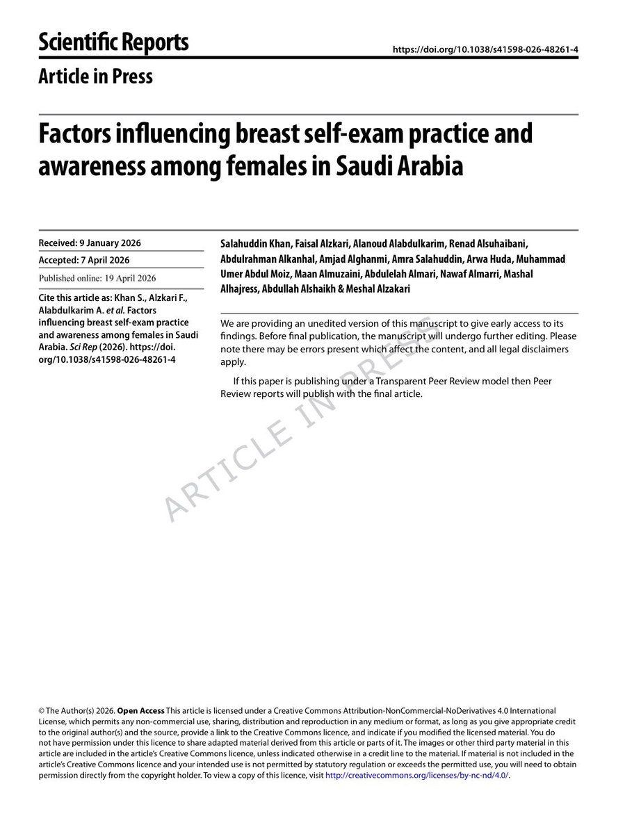 docmeshal's tweet photo. Our New Study Published in Scientific Reports!

Our nationwide study of 930 women in Saudi Arabia highlights important gaps in breast cancer awareness and breast self-examination (BSE) practices. While 79% of participants had heard about BSE, only 42.6% knew how to perform it correctly, and just 15.6% were aware of the recommended frequency for self-examination. Alarmingly, only 21.3% demonstrated good overall awareness of breast cancer and BSE.

The findings revealed that awareness and BSE practice were significantly higher among older, married, employed women and those with a personal or family history of breast cancer. In contrast, younger, single, less educated, and unemployed women showed lower awareness levels and were less likely to perform regular BSE. Notably, 50.1% of participants reported never performing breast self-examination.

These results emphasize the urgent need for targeted educational campaigns and community-based interventions to improve breast cancer literacy and promote early detection practices. Strengthening awareness through healthcare professionals, educational institutions, and digital platforms could help bridge existing knowledge gaps and encourage proactive breast health behaviors.

Early detection saves lives. Investing in awareness today can improve outcomes tomorrow. #BreastCancerAwareness #BreastSelfExamination #PublicHealth #SaudiArabia #WomenHealth #CancerPrevention #EarlyDetection