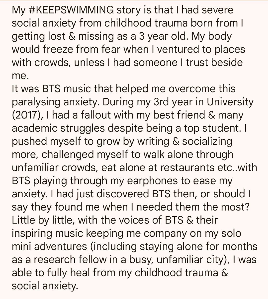 underthepeepal's tweet photo. My #KEEPSWIMMING story of how BTS empowered me with their music to liberate myself from the paralysing social anxiety I had from childhood trauma. BTS and ARMY have been instrumental in my journey of self love and growth. 
@BTS_twt @BIGHIT_MUSIC https://t.co/JKZpqRdUpm