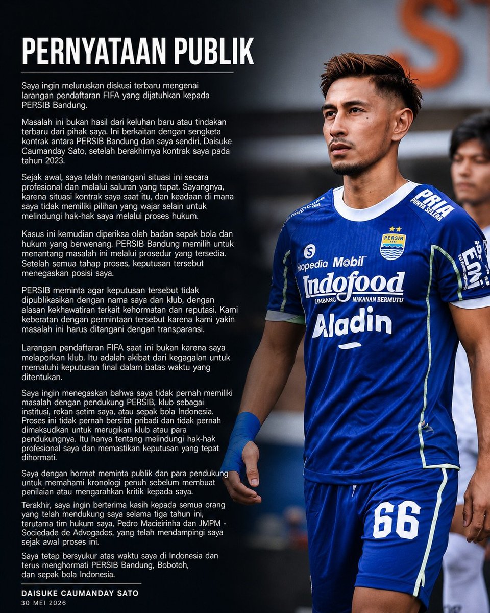 RacoonEntID's tweet photo. Klarifikasi dari Daisuke Sato Soal Laporannya Ke Persib https://t.co/g1vQ8gP0Ov