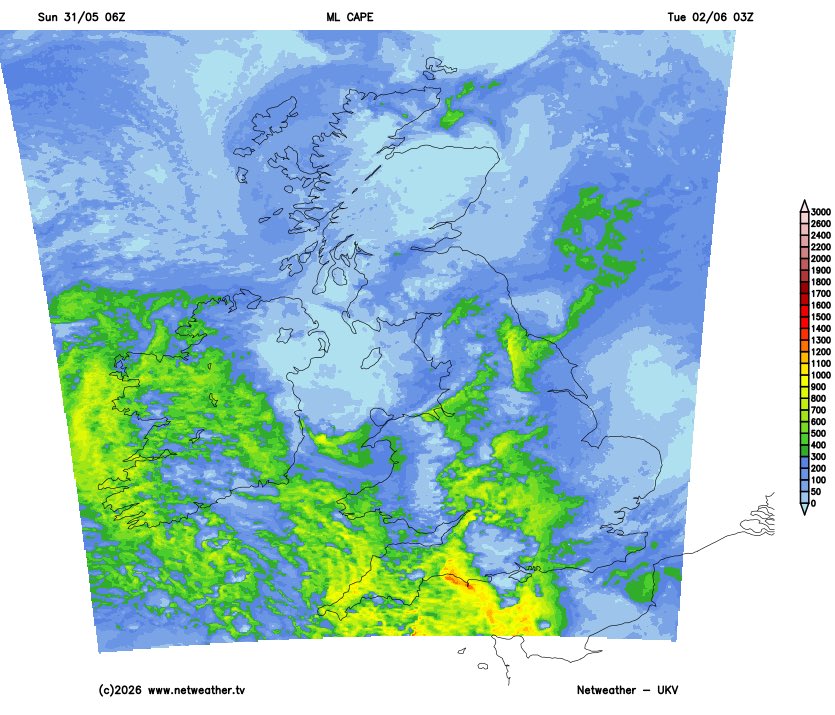NickJF75's tweet photo. Interesting convective set-up Monday night to keep an eye on, as an unstable warm moist airmass streams in ahead of cold front moving in from the west, modest deep-layer shear but quite strong low-level shear toward SE England and low LCLs could support a tornado if thunderstorms develop.

During Tuesday, further thunderstorms could develop widely with surface heating in sunny spells, as an upper trough follows cold front steepening lapse rates.
